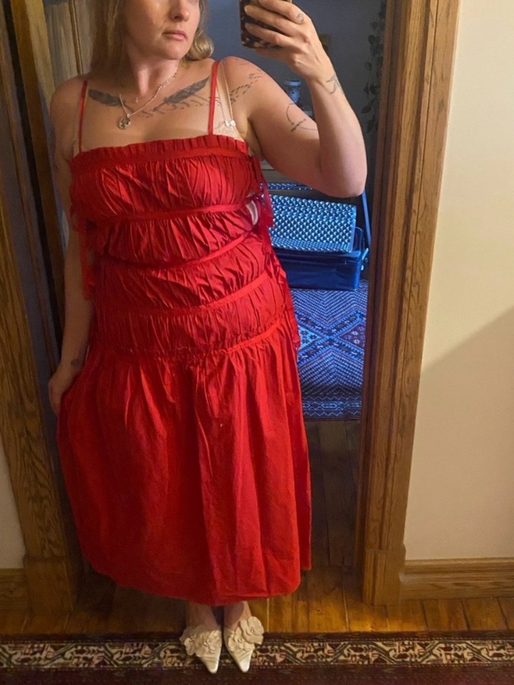 Topshop Red Ruched Ribbon Tie Strappy Maxi Dress UK 14 US 10